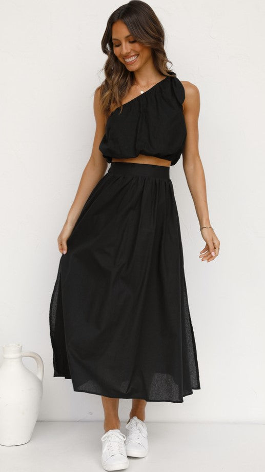 Schwarzes One-Shoulder-Top und Rock-Sets