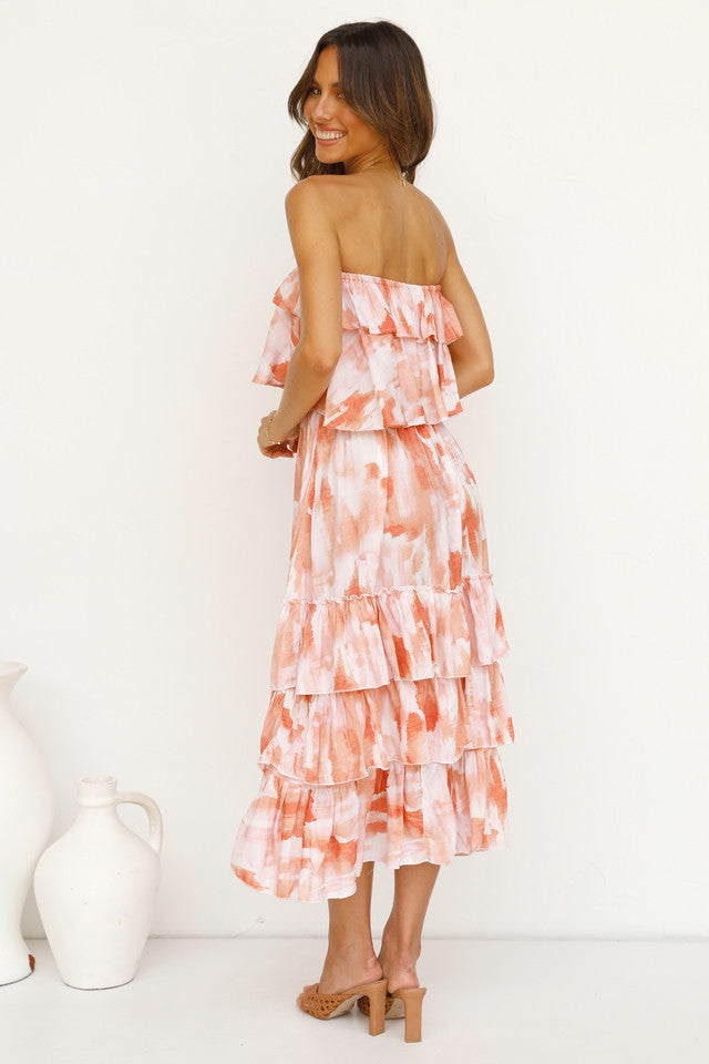 Orange Floral Bandeau Midi Dress