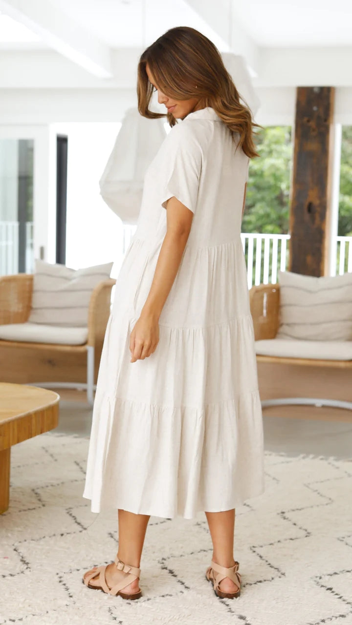 Beige Button Down Midi Dress