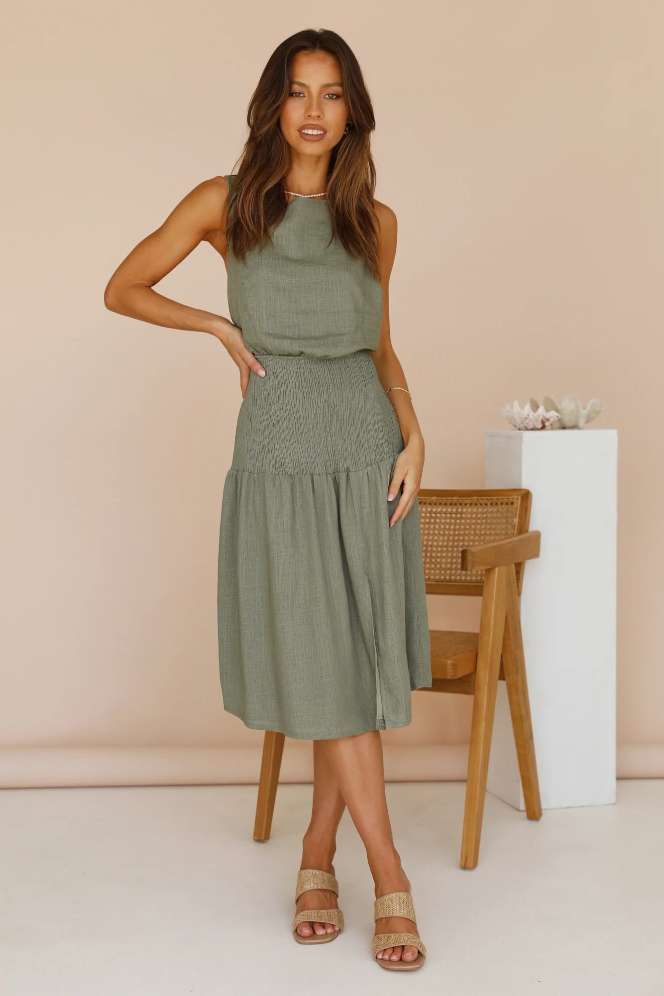 Olive Green Smocked Midi Dress