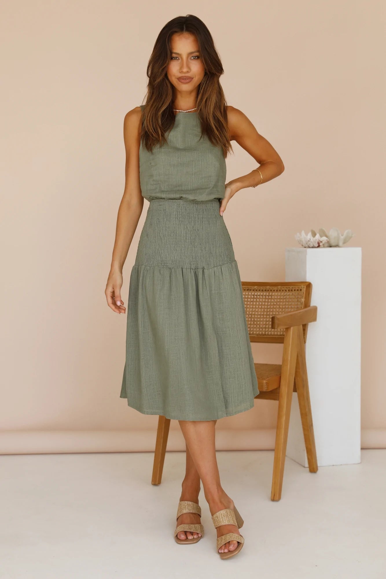 Olive Green Smocked Midi Dress