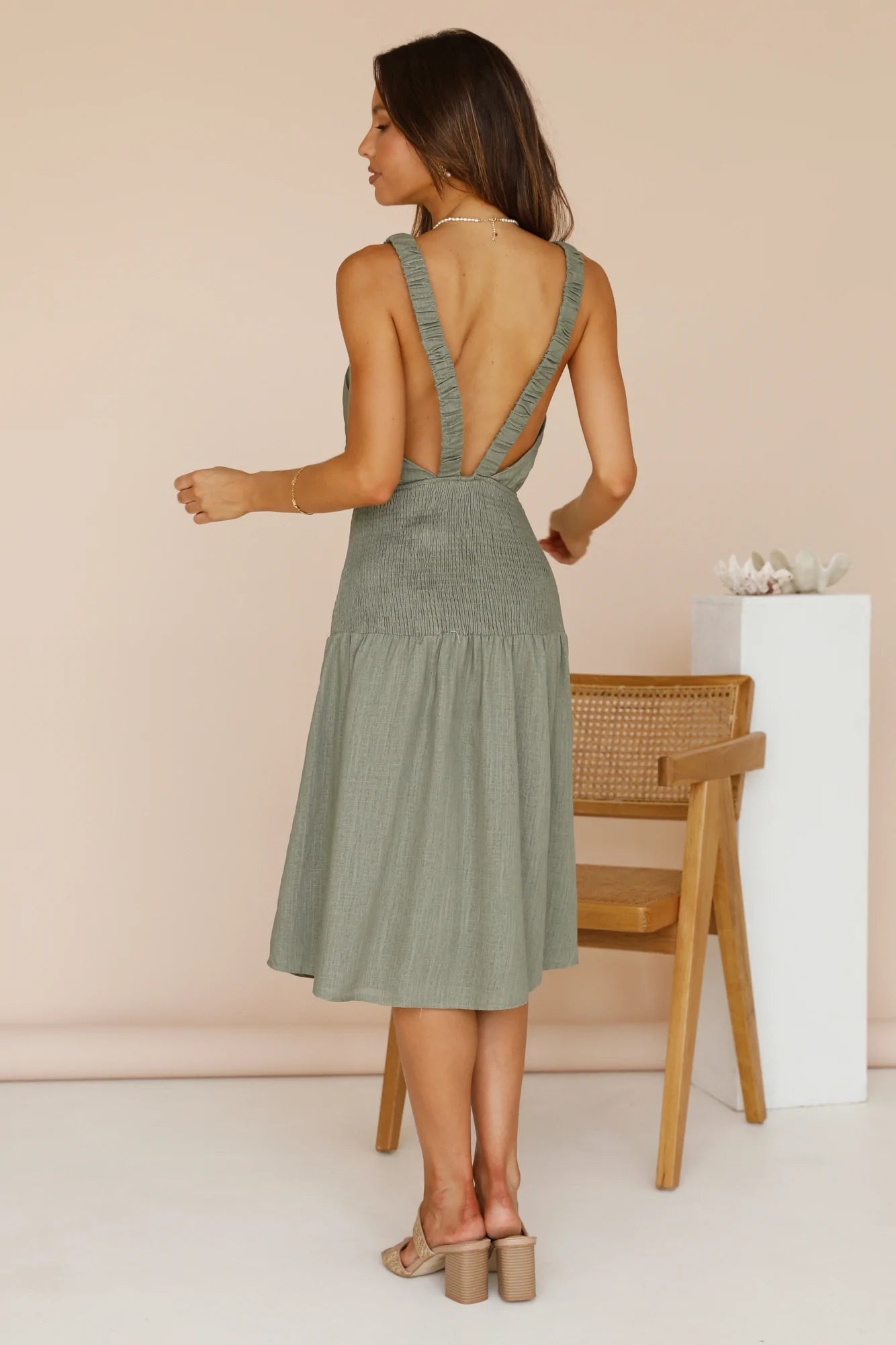 Olive Green Smocked Midi Dress