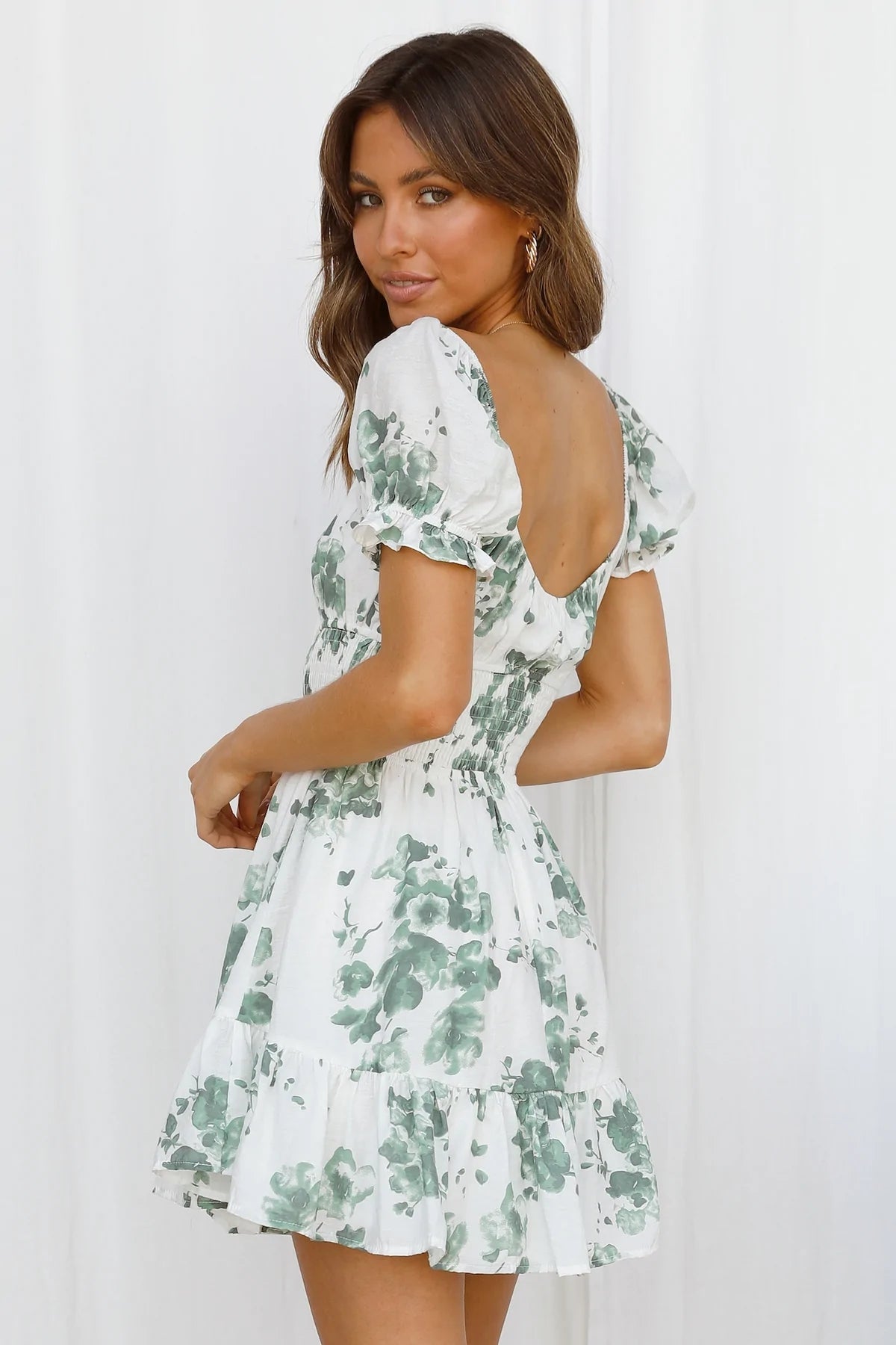 Olive Floral Print Mini Dress