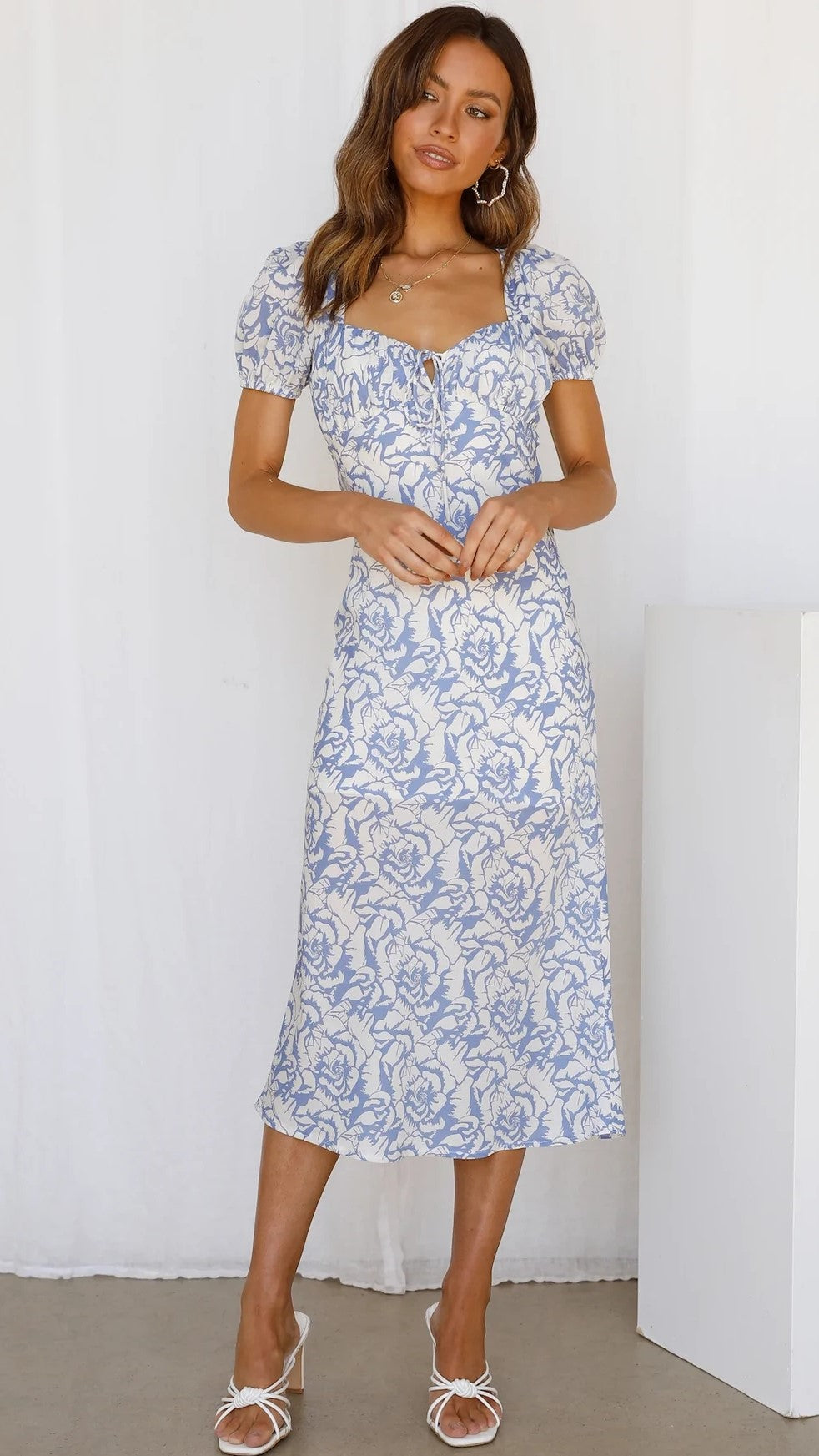 Blue Floral Silhouette Midi Dress