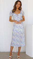 Blue Floral Silhouette Midi Dress