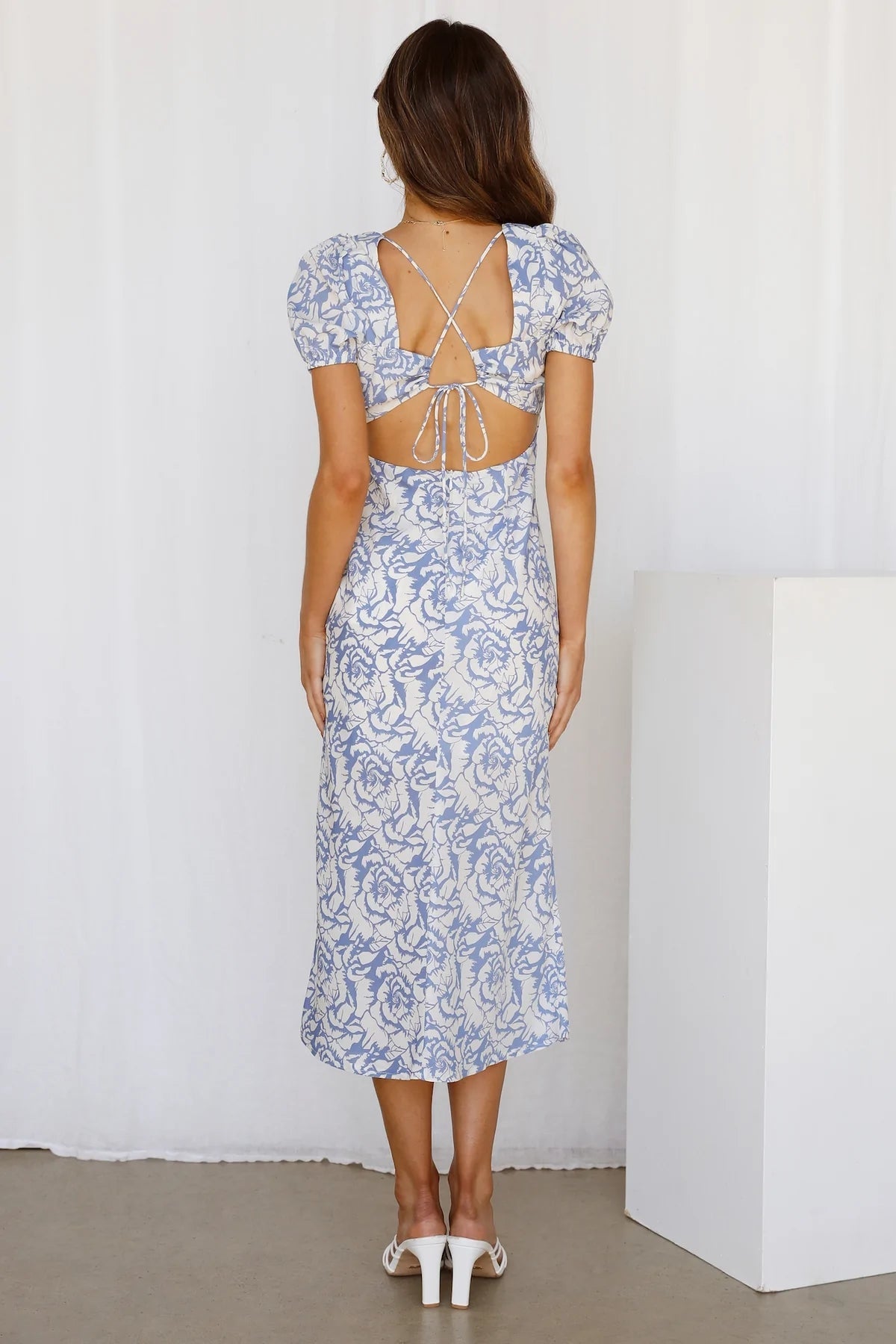 Blue Floral Silhouette Midi Dress