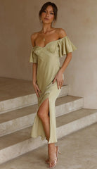 Olivgrünes schulterfreies Midikleid