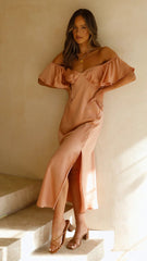 Peach Pink Off Shoulder Midi Dress