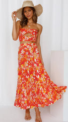 Orange Floral Crop Top and Skirt Sets