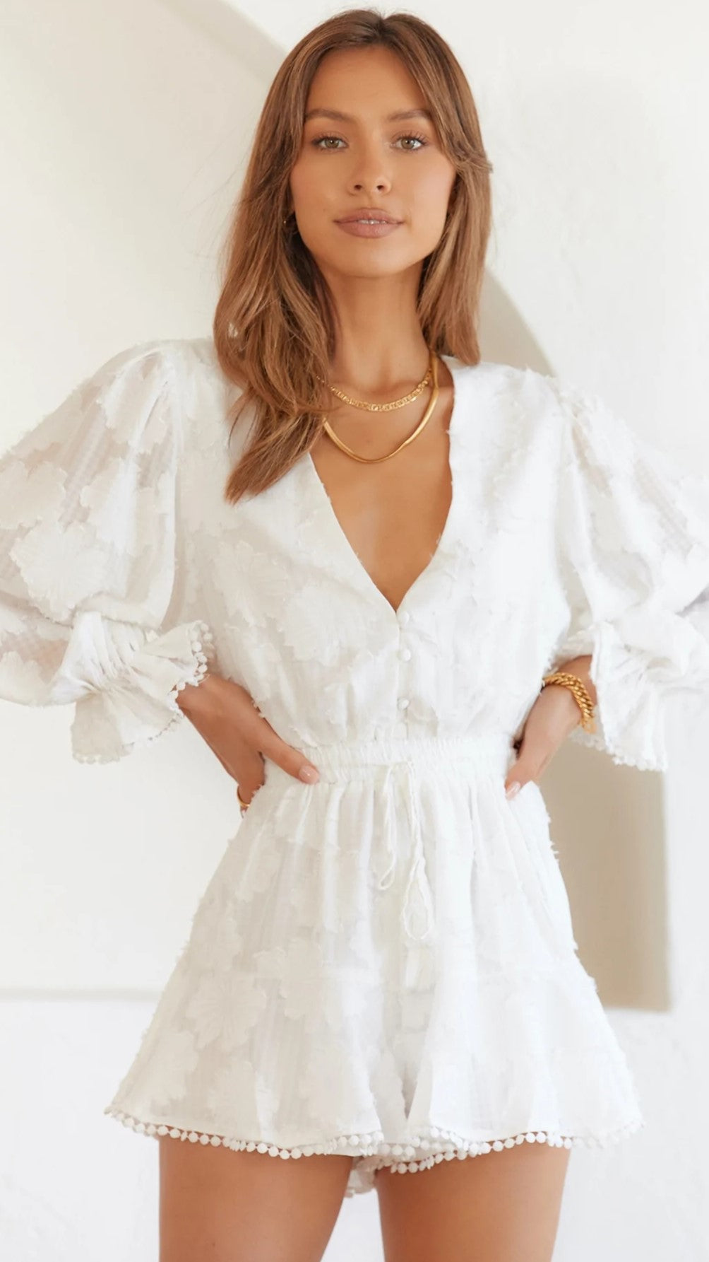 Cream Buttoned Long Sleeves Romper