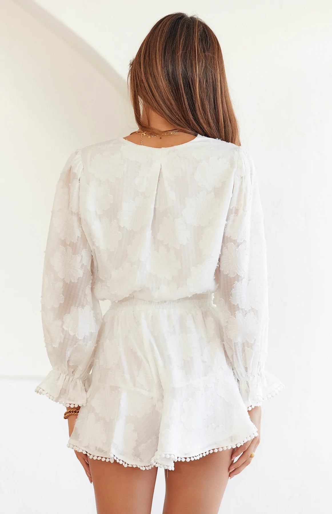 Cream Buttoned Long Sleeves Romper
