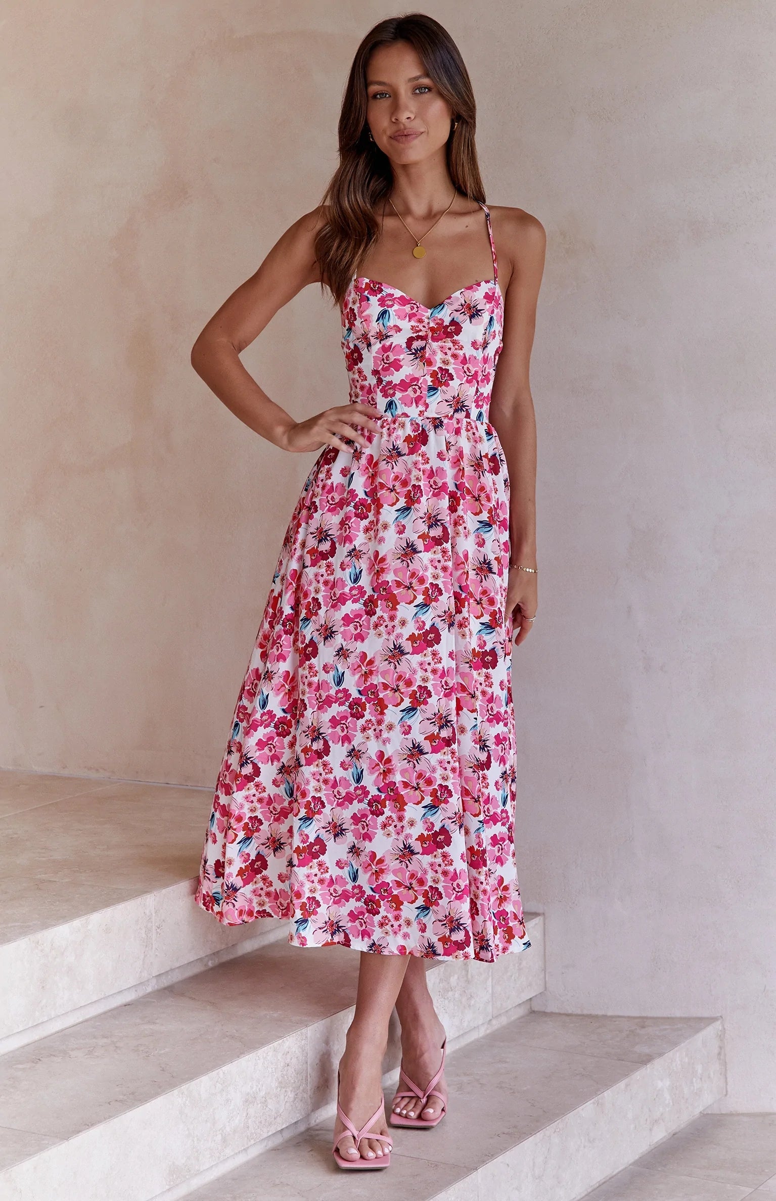 Pink Floral Backless Slip Midi Dress