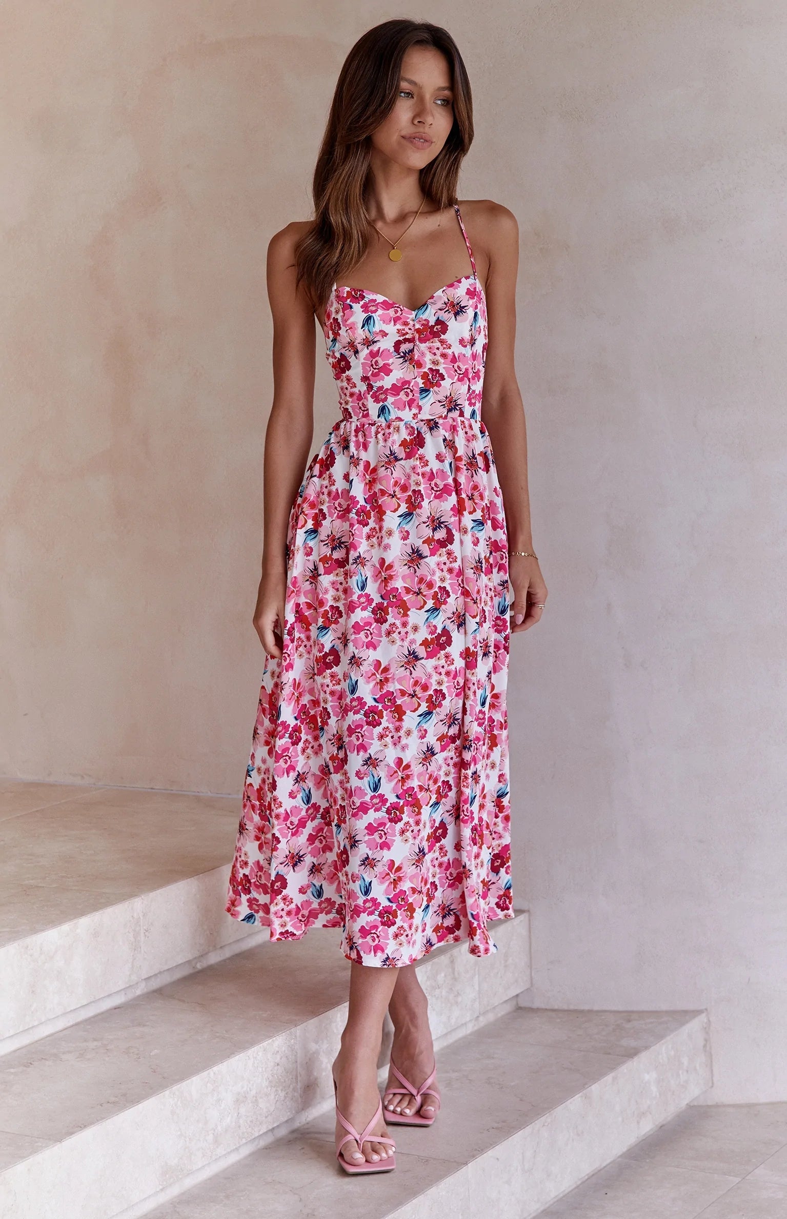 Pink Floral Backless Slip Midi Dress