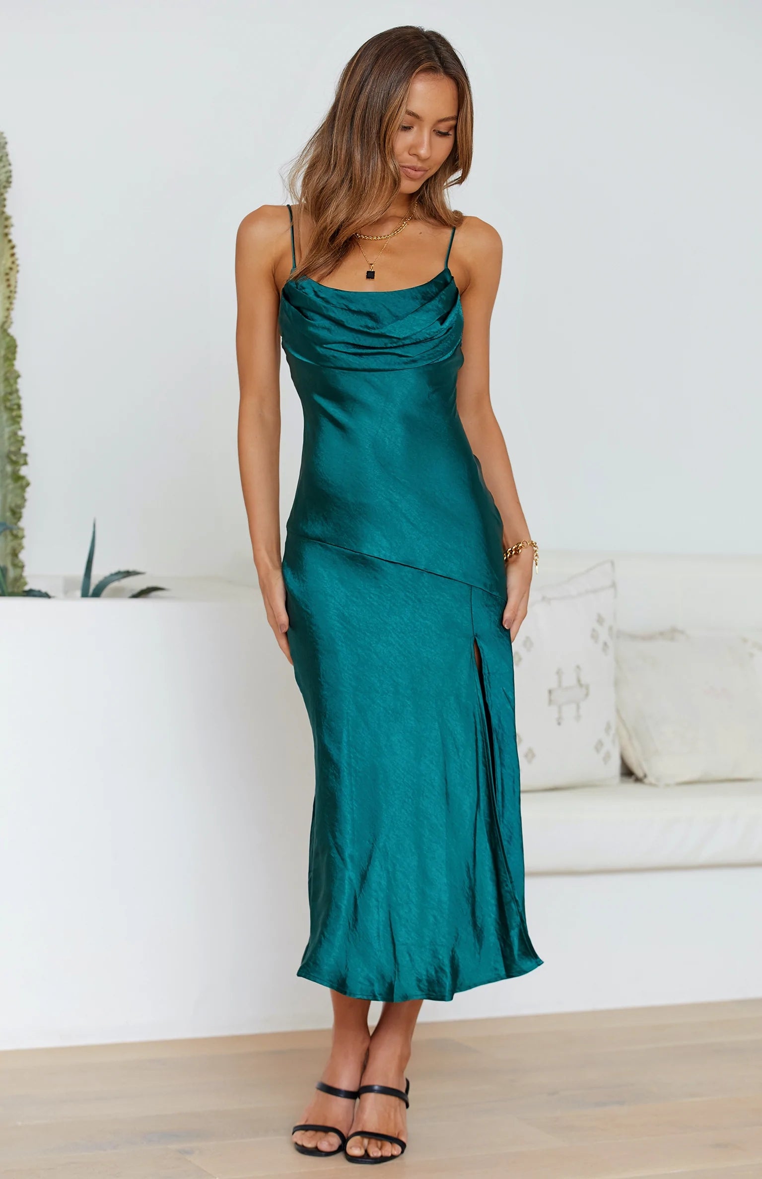 Teal Satin Slip Midi Dress