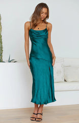 Teal Satin Slip Midi Dress