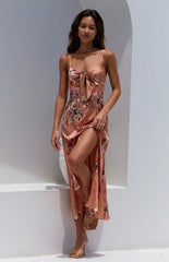 Peach Floral Bowknot Slip Midi Dress