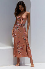 Peach Floral Bowknot Slip Midi Dress