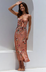 Peach Floral Bowknot Slip Midi Dress