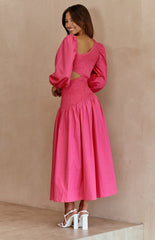 Hot Pink Cutout Long Sleeves Midi Dress