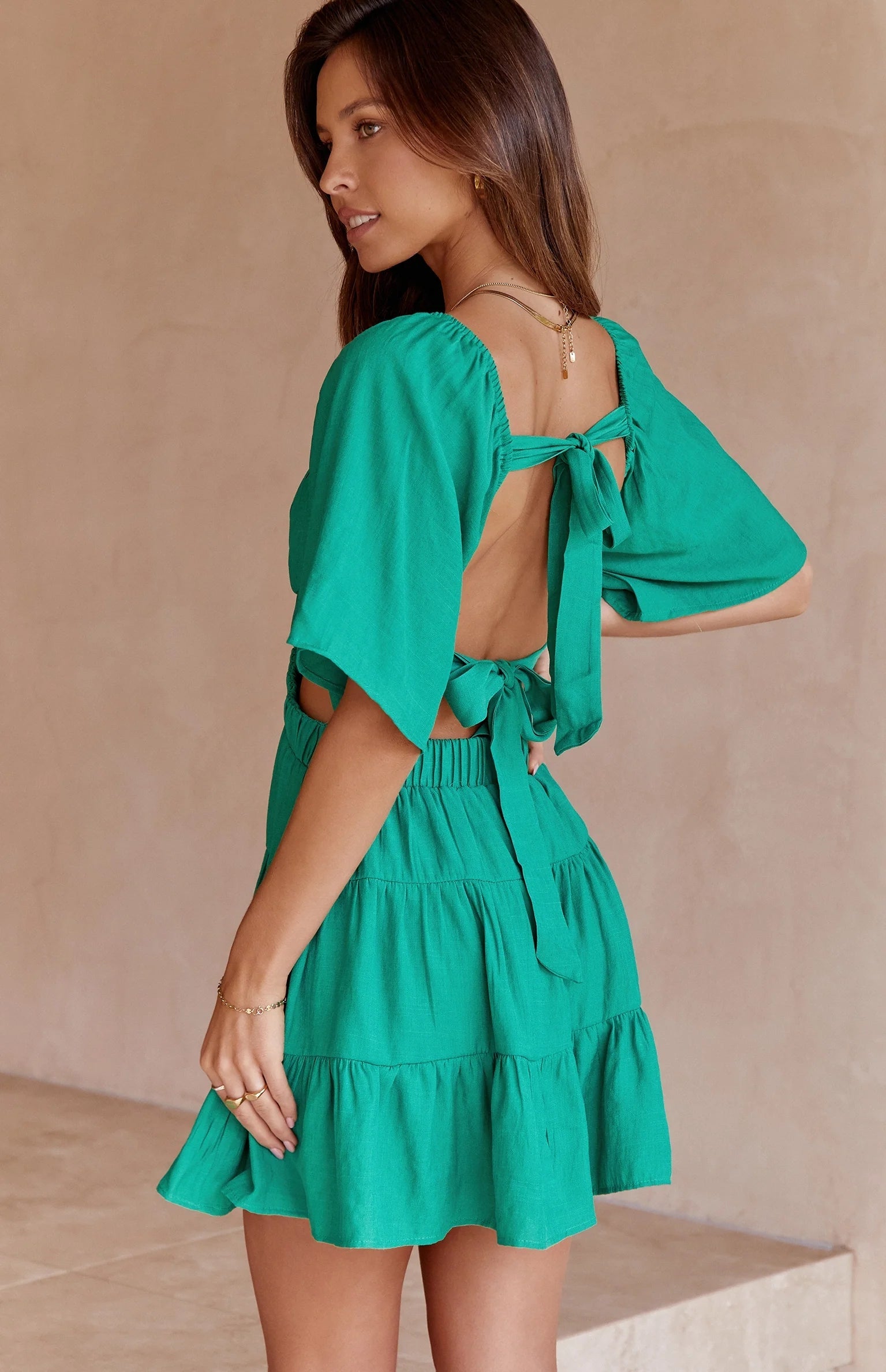 Green Cutout Waist Mini Dress