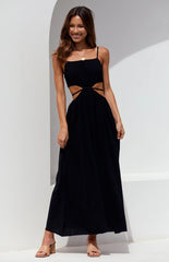 Black Cutout Waist Midi Dress