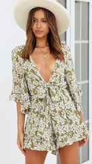 Olive Floral Front Bowtie Romper