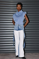 Lasya High Neck Cutout Buckle Denim Top