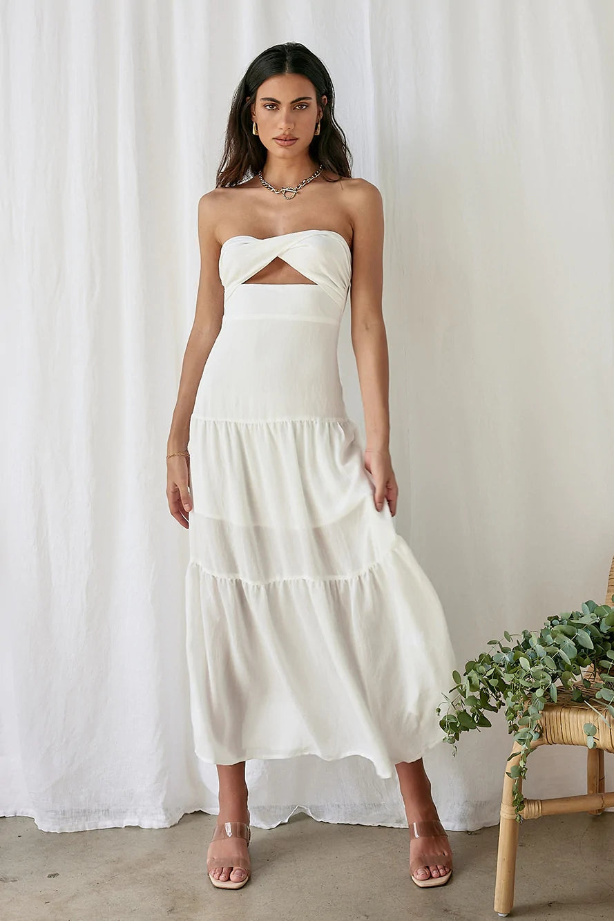 White Solid Cutout Bandeau Dress
