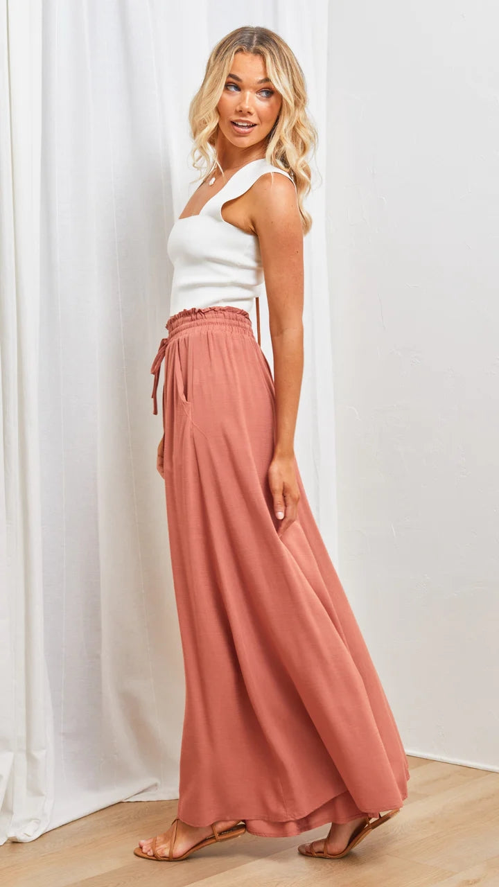 Red Solid Wide-Leg Casual Pants