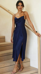Navy Satin Slip Midi Dress