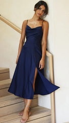 Navy Satin Slip Midi Dress