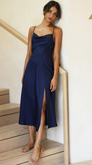 Navy Satin Slip Midi Dress