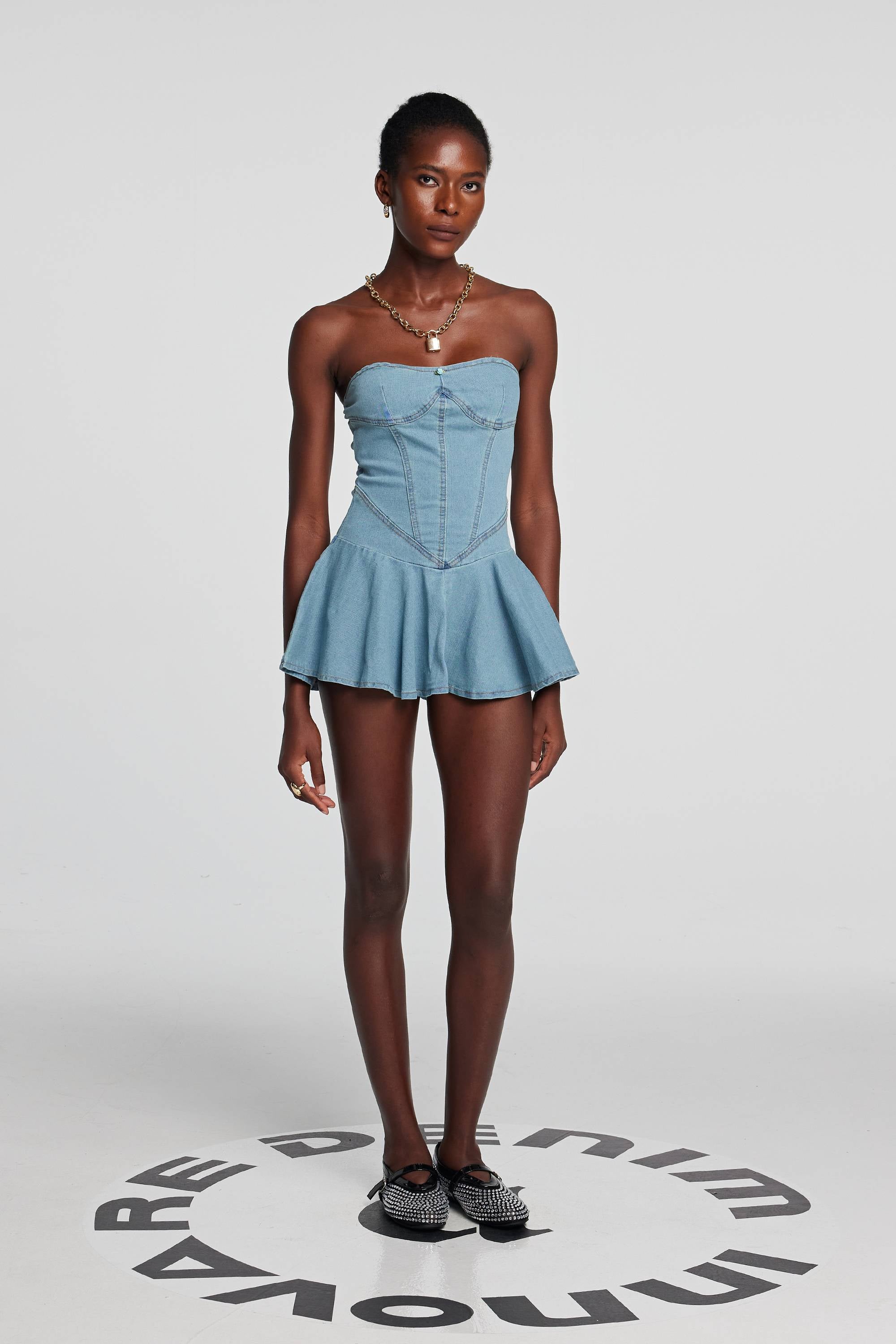 Leora Strapless Bodycon Denim Dress In Light Blue