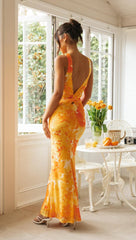 Orange Floral Bodycon Midi Dress