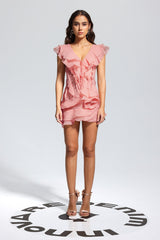 Maura V Neck Ruffle Asymmetric Mini Dress In Pink