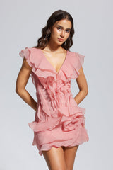 Maura V Neck Ruffle Asymmetric Mini Dress In Pink