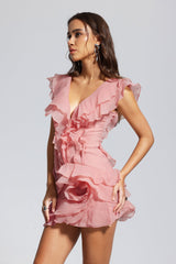 Maura V Neck Ruffle Asymmetric Mini Dress In Pink
