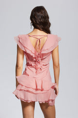Maura V Neck Ruffle Asymmetric Mini Dress In Pink