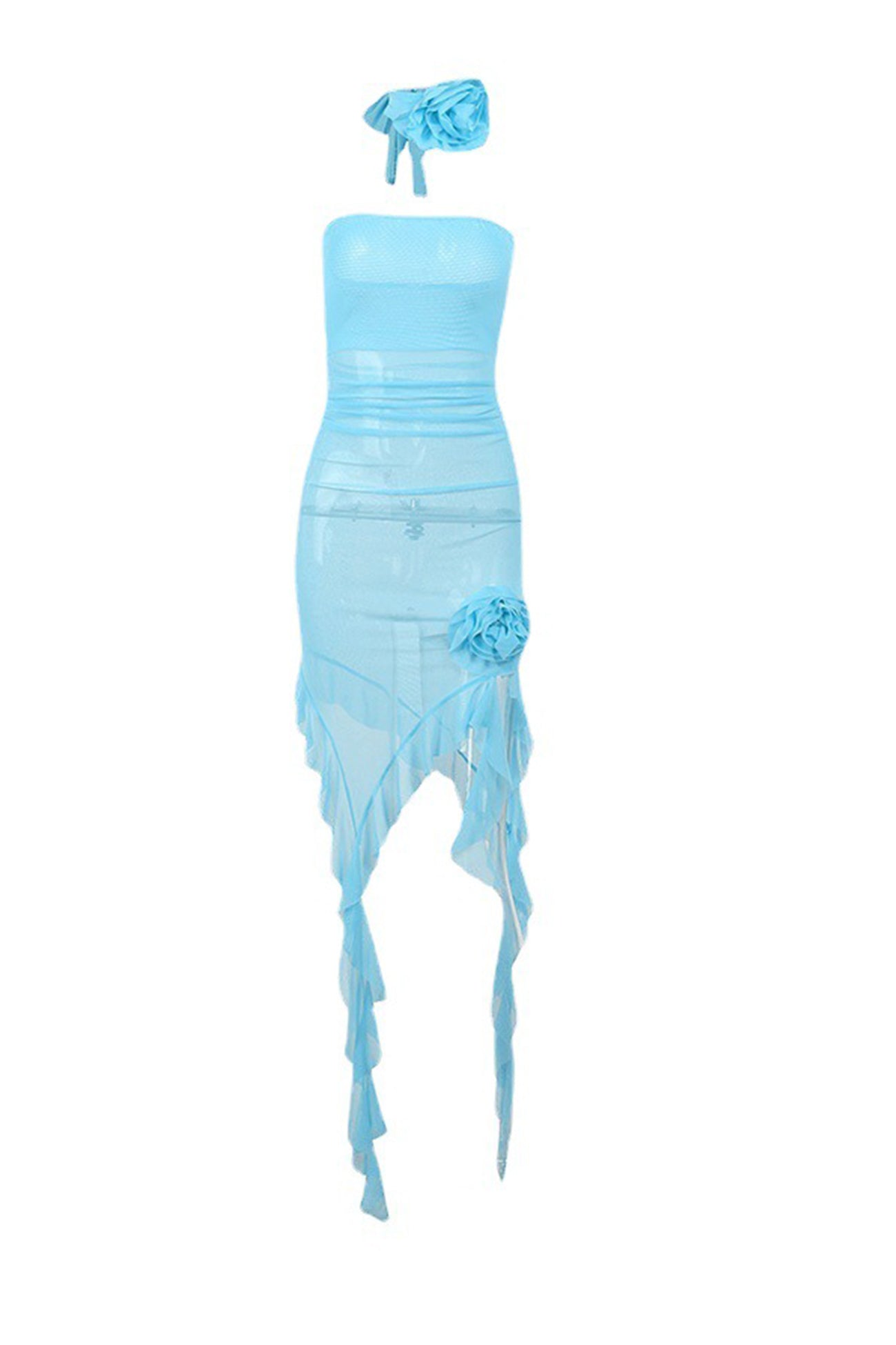 Mesh Floral Fringe Strapless Dresss