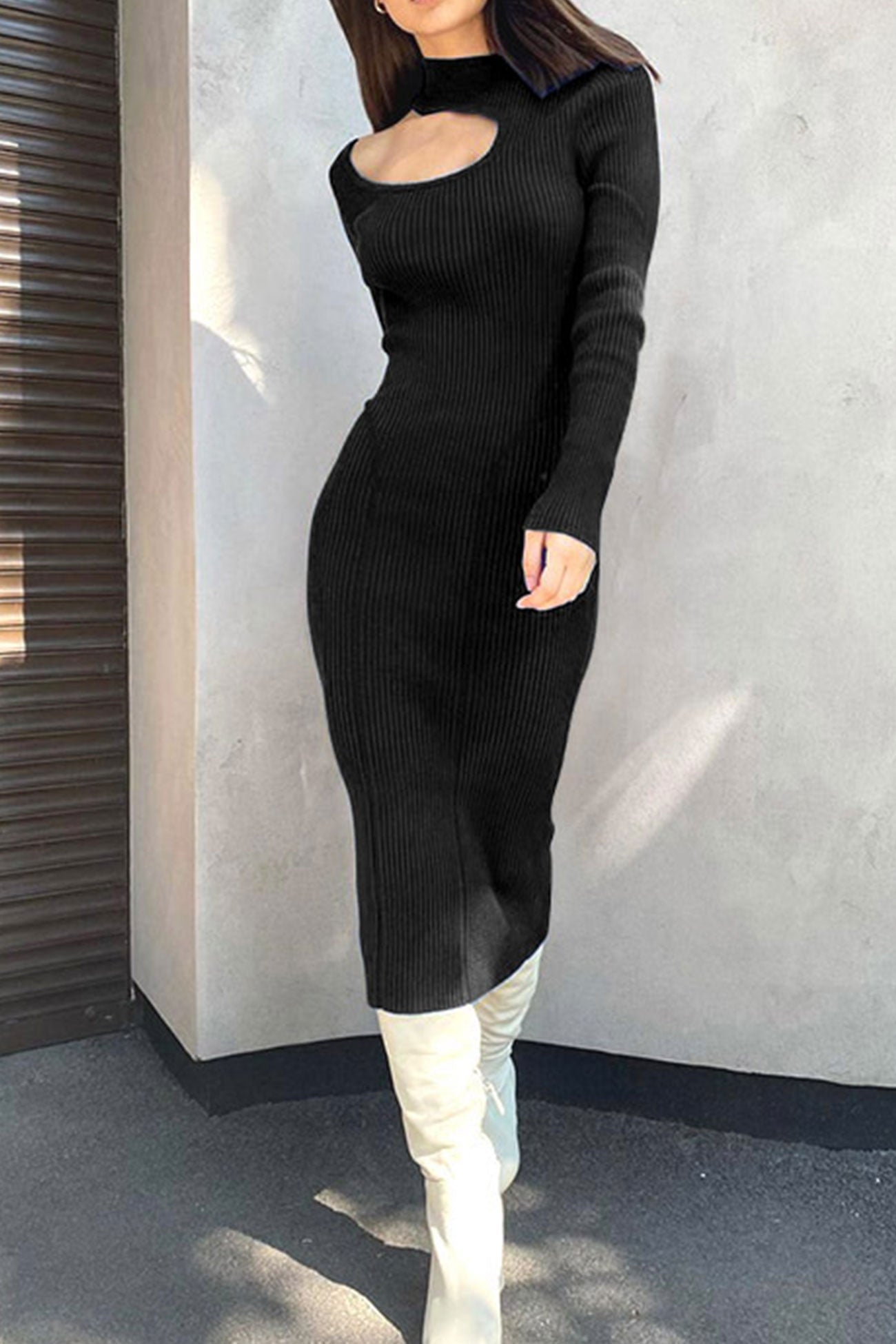 Mock Neck Cutout Ribbed Knit Dress