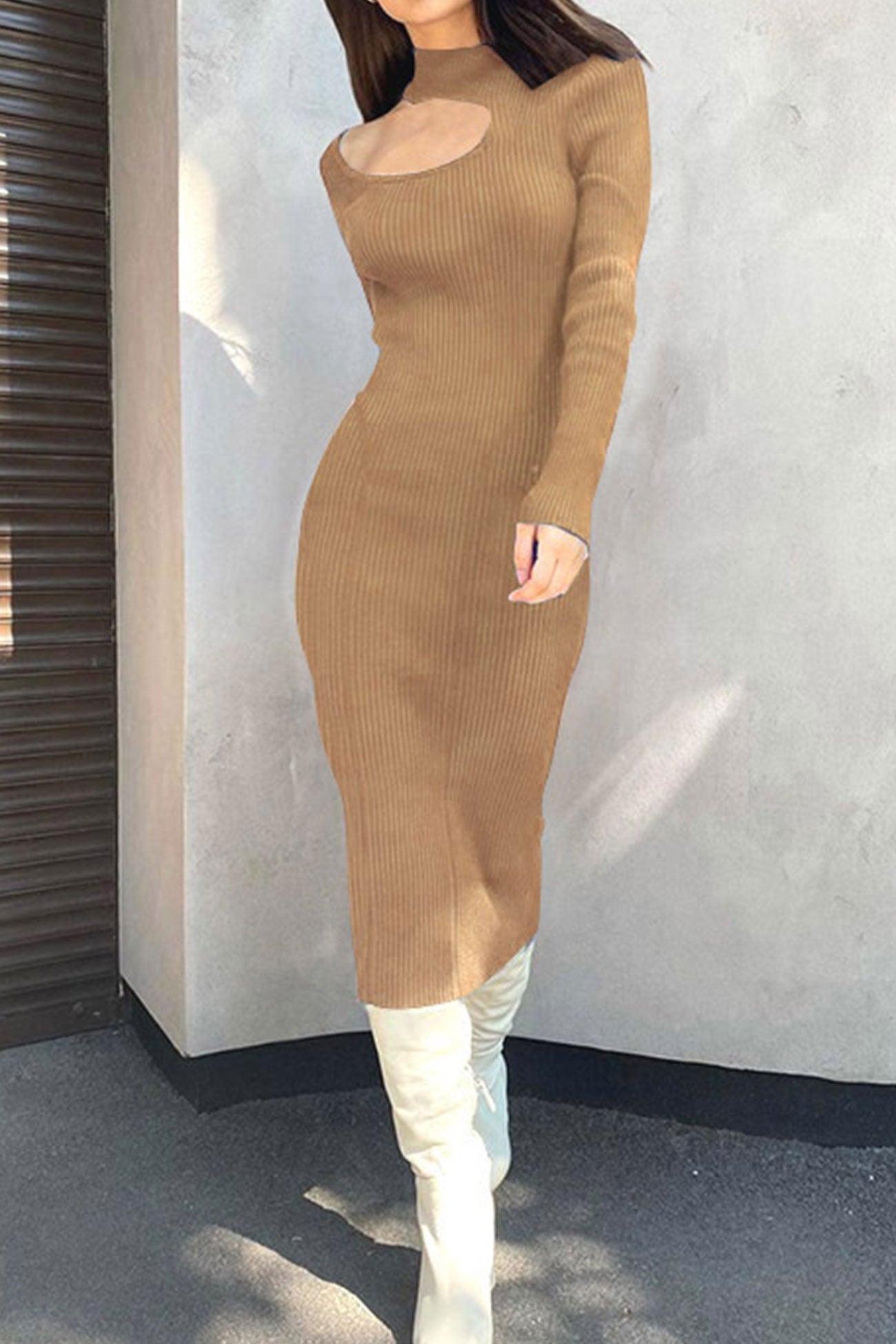 Mock Neck Cutout Ribbed Knit Dress