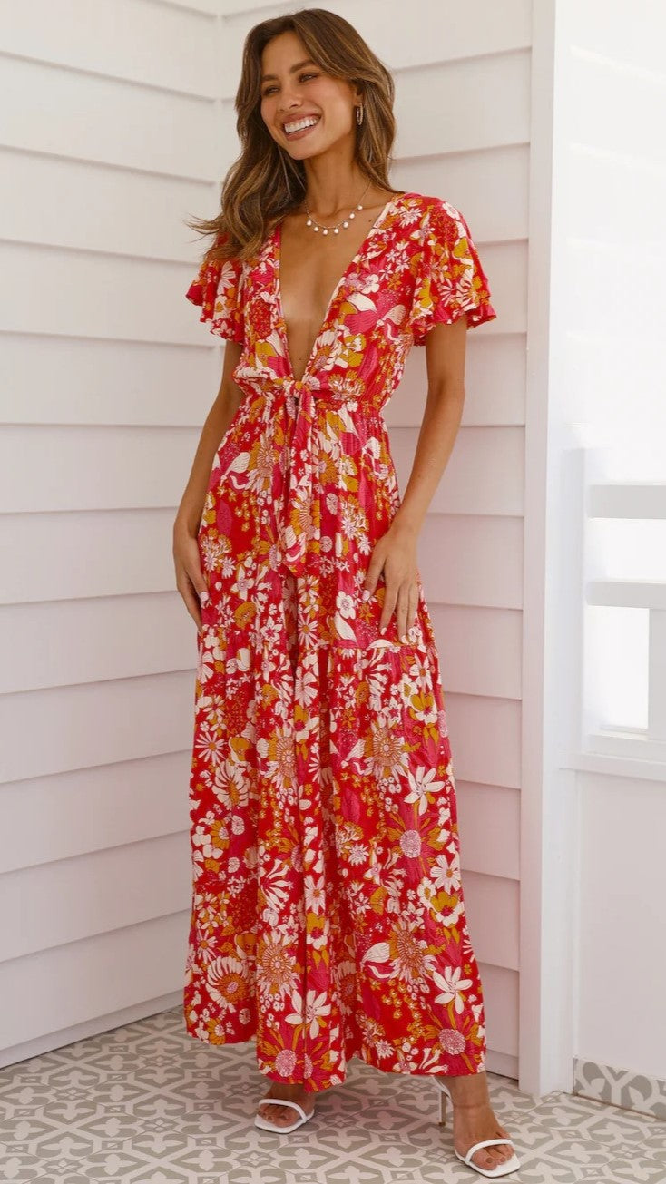Red Floral Front Knot Jumpsuit