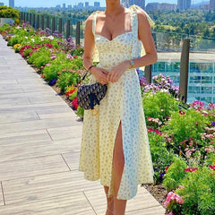 V-Neck Suspender Lace-Up Floral Slit Dress