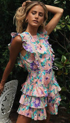 Teal Rose Floral Frill Backless Dress