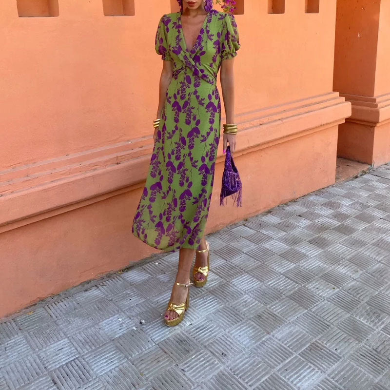 Contrast Color Print Elegant Slim Fit V-Neck Short Sleeve Dress