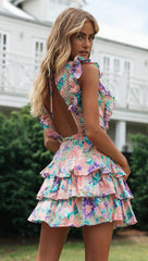 Teal Rose Floral Frill Backless Dress