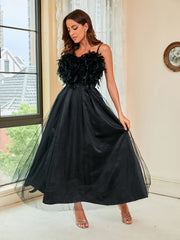 Black Feather Halter Mesh Evening Dress