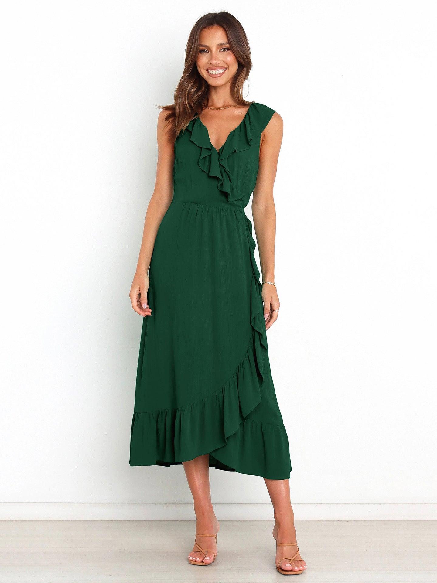 Olivgrünes Midikleid mit Rüschen