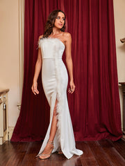 White Feather Patchwork Slit Formal  Dress