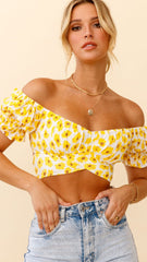 Yellow Sunflower Back Knot Crop Top